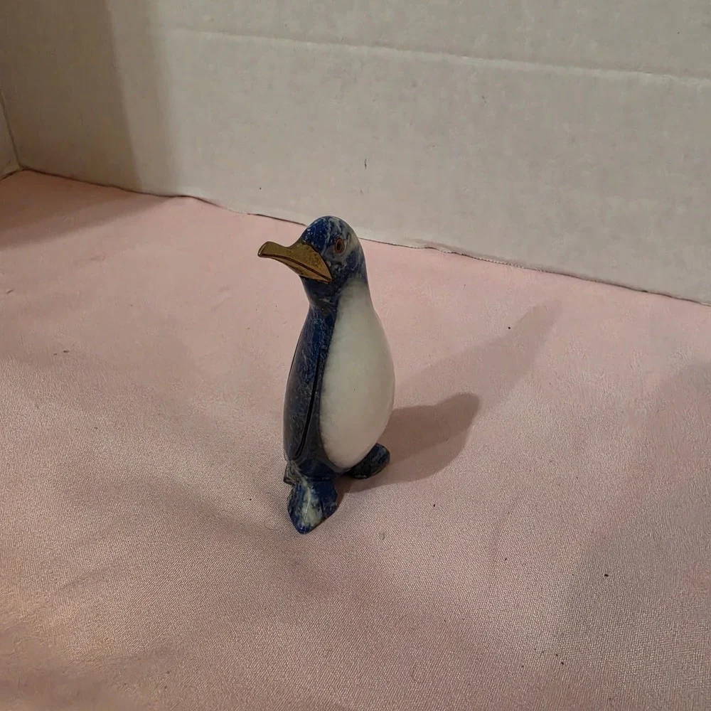 Carved Lapis Lazuli Penguin Figurine with White Onyx Belly and Brass Beak 2.1